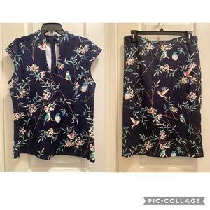 Navy blue floral & hummingbird skirt set NWT stretch knit top is L skirt is XL